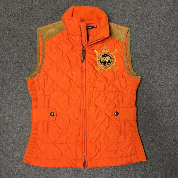Ralph Lauren Sport Equestrian Crest Quilted Vest Orange Tan Suede Trim Womens SM - Picture 1 of 14